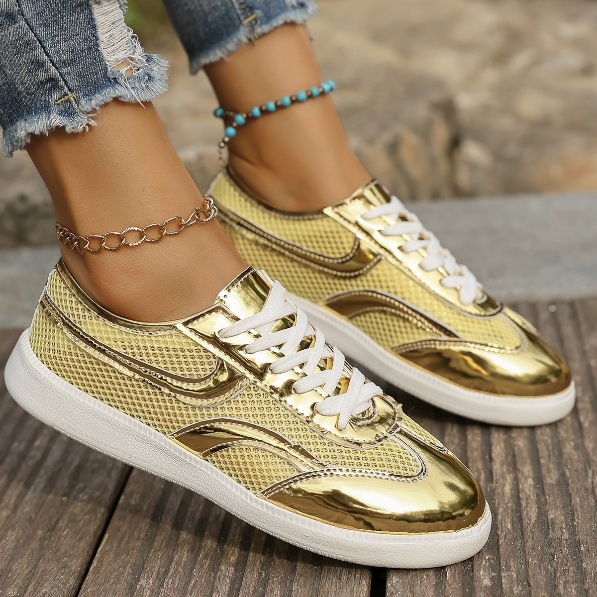 New Women's Sneakers Breathabl - Knit Fabric Lace Up Sneakers recension och pris