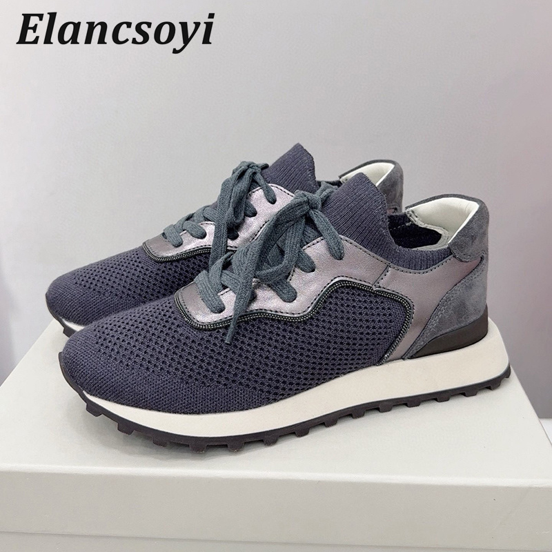 Flat Shoes Women String Bead K - Knit Fabric Lace Up Sneakers recension och pris