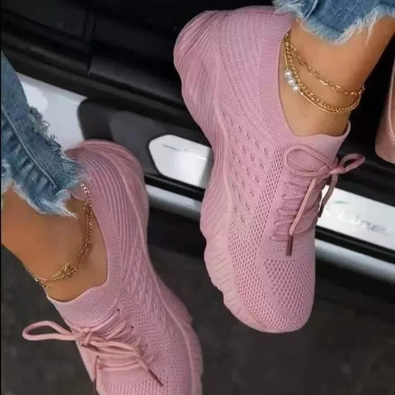 Women's Casual Knit Sneakers B - Knit Fabric Lace Up Sneakers recension och pris