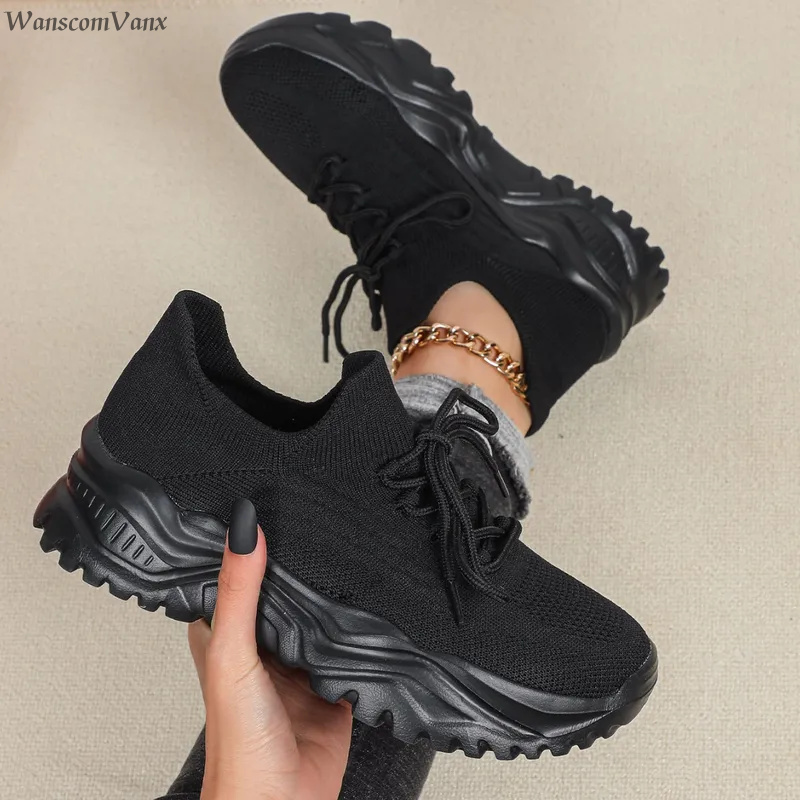 Fashion Chunky Platform Sneake - Knit Fabric Lace Up Sneakers recension och pris