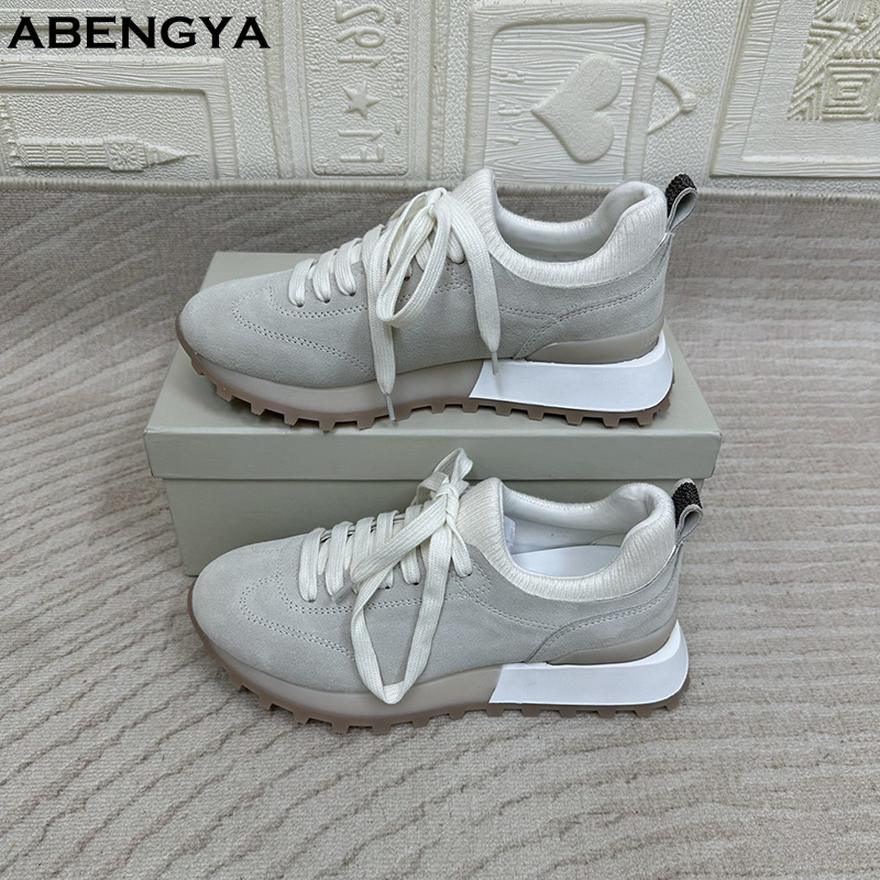 2025 White Knitted Suede Flat  - Knit Fabric Lace Up Sneakers recension och pris